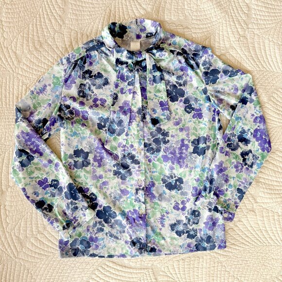 Vintage Blue Purple Green Floral Secretary Necktie Blouse Size L - Picture 9 of 13